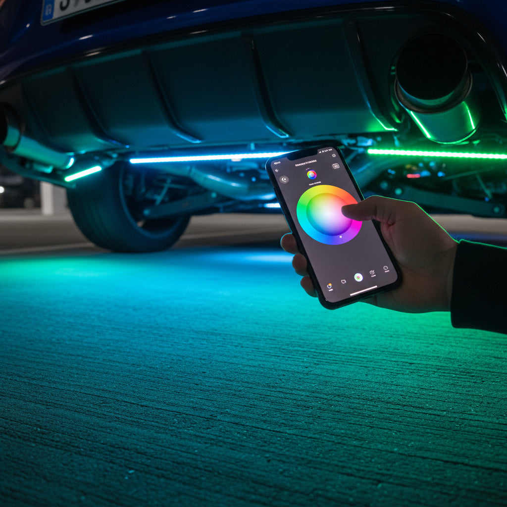 person adjusting color on smartphone to change led color underneath a car

